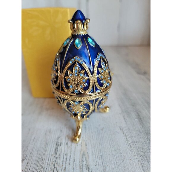 Dark blue enameled egg trinket box rhinestone Easter home decor - Picture 2 of 9